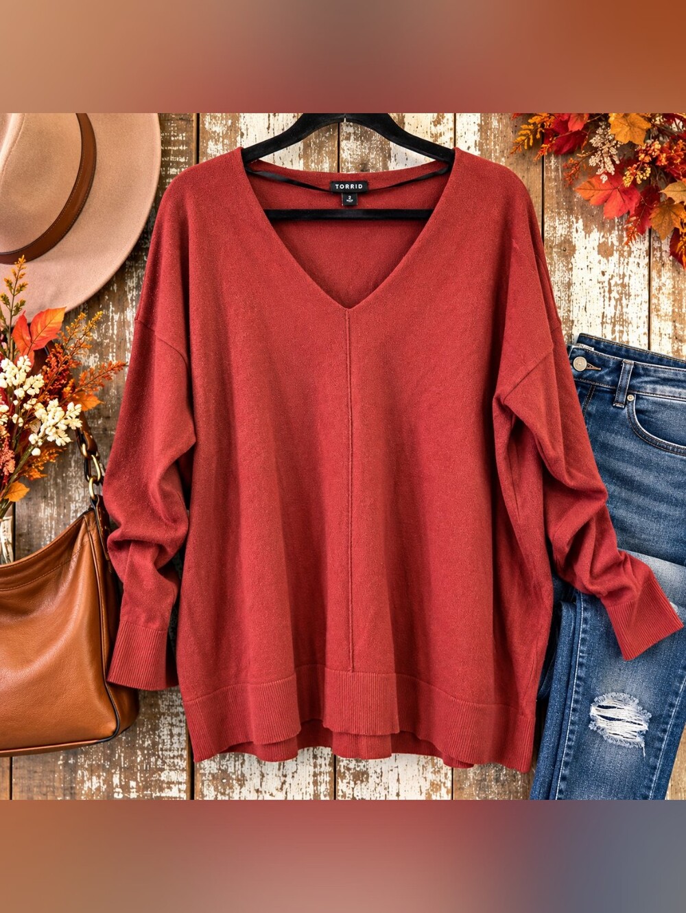 Torrid Size 2 Rust Red V-Neck Oversized Sweater Relaxed Soft Knit Fall Top